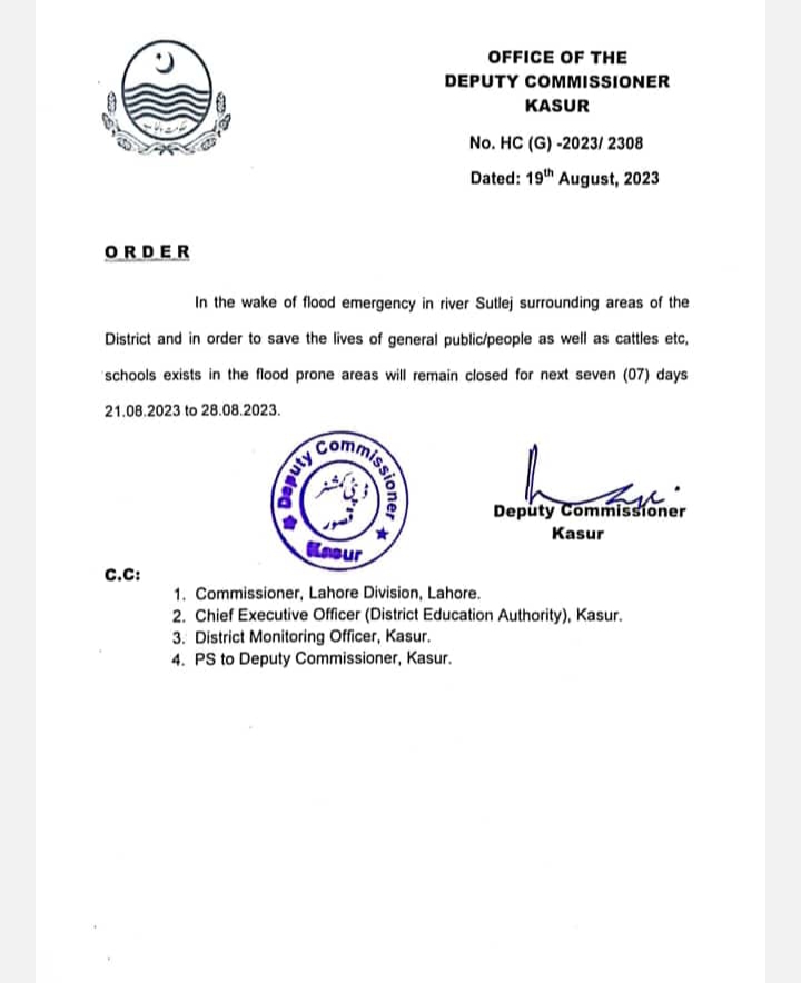 سیلاب متاثرہ علاقوں میں سات دن کی مذید چھٹیاں