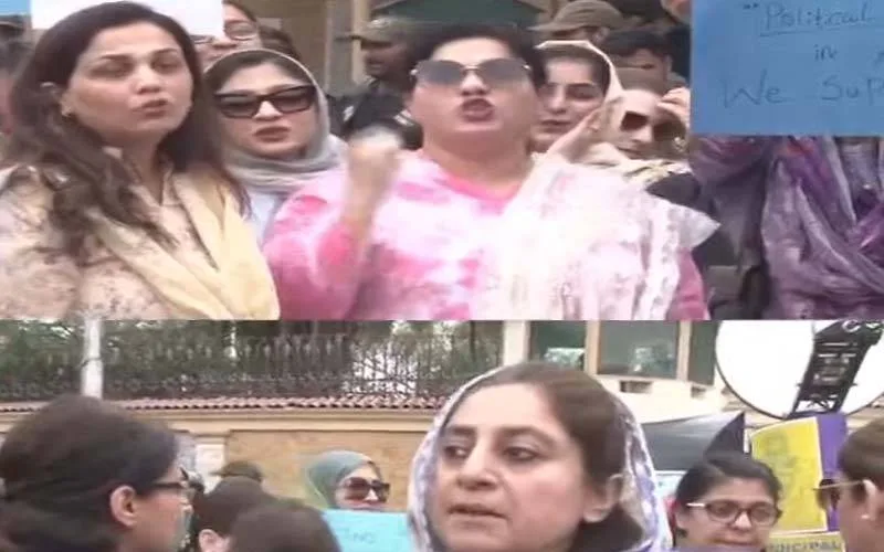 پرنسپل ایچی سن کالج سے اظہار یکجہتی کیلئے والدین اور طلبا کا گورنر ہاؤس کے باہراحتجاجی مظاہرہ