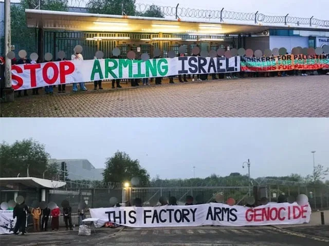 برطانیہ میں مظاہرین کا اسرائیلی ڈرونز کے پرزے بنانیوالی فیکٹری کے سامنے احتجاج