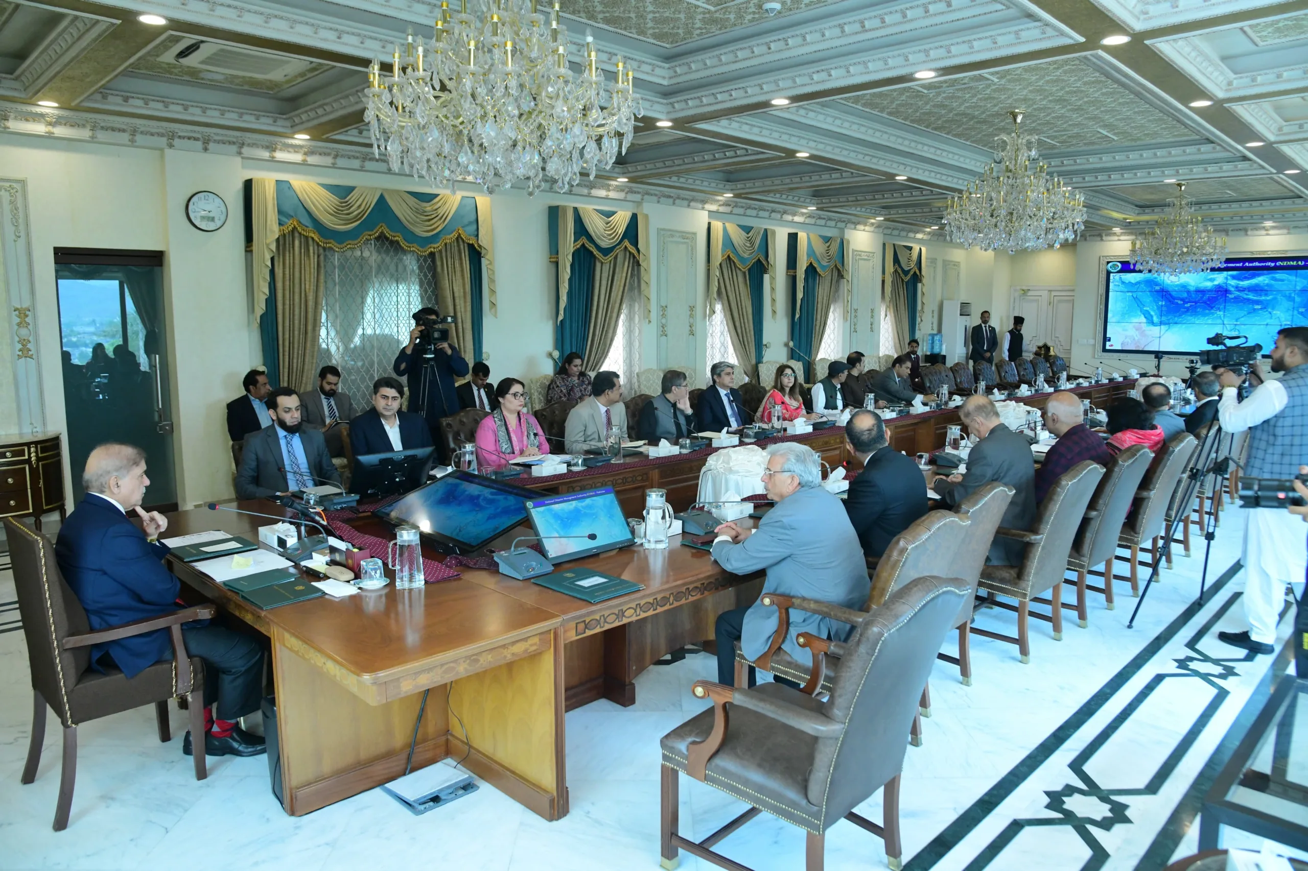 Prime Minister Muhammad Shehbaz Sharif chairs a meeting regarding national preparedness for the Monsoon in Islamabad on 2 July 2024.
