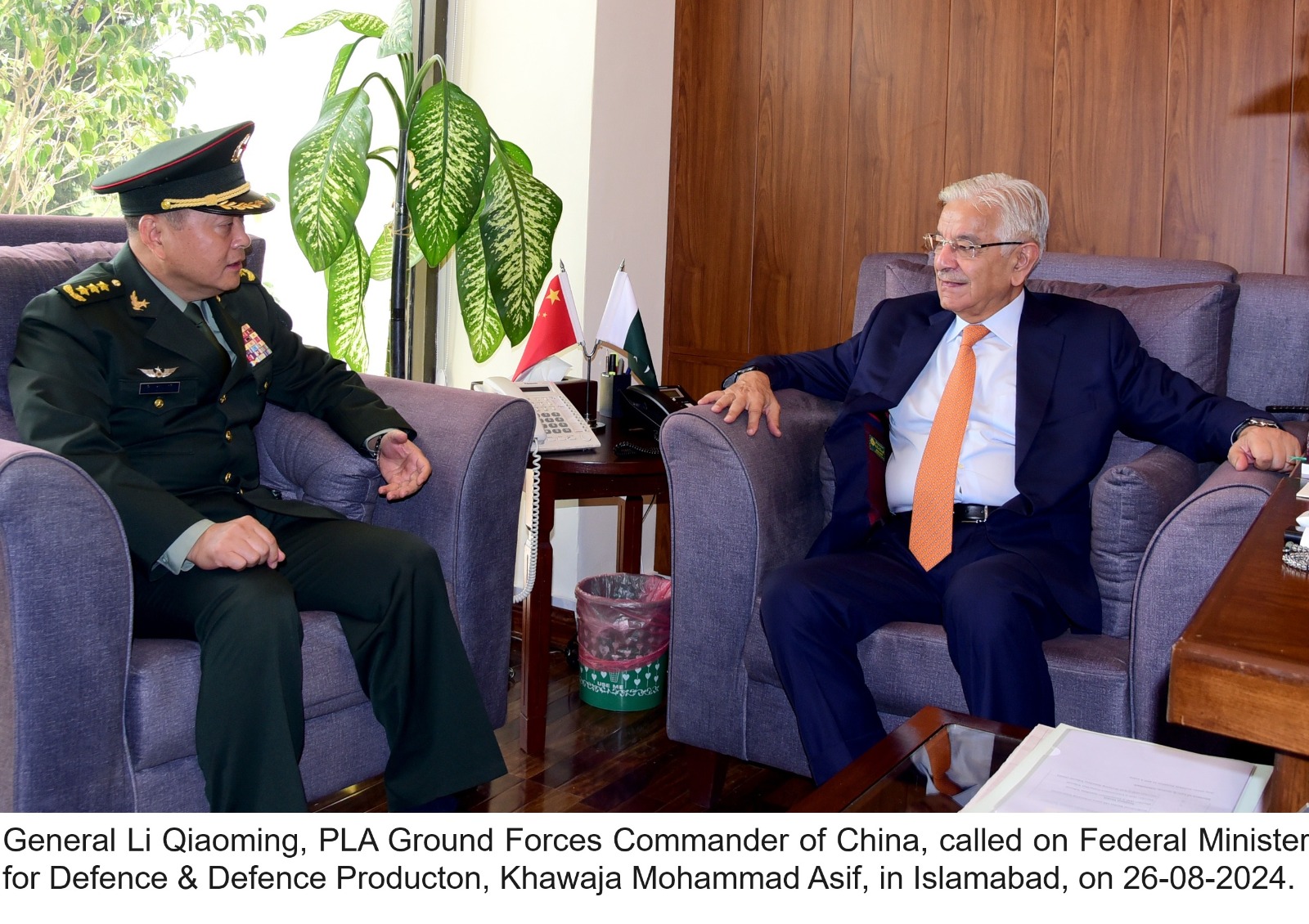 General Li Qiaoming, PLA Ground Forces Commander of China called on Minister for Defence & Defence Producton, Khawaja Mohammad Asif here in his Office Islamabad today. Minister for Defence welcomed the dignitary and stated that friendship with China is a corner-stone of Pakistan’s Foreign Policy based on convergence of views on regional and global issues.