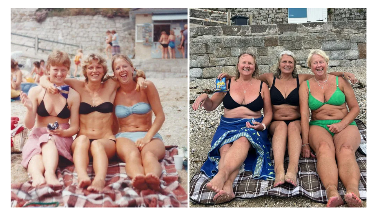 Three sisters posed for a photo on a beach in the 1980s. Over 40 years later they recreated it
