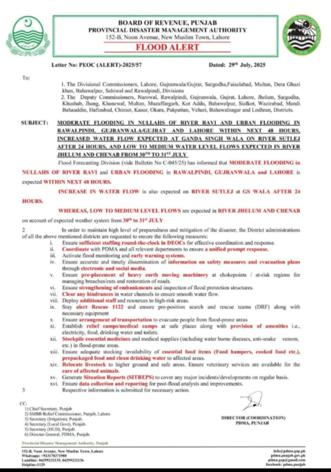 قصور دریائے ستلج میں سیلاب کے خدشے کے پیش نظر ہدایات جاری