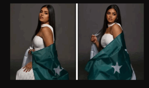 مس یونیورس پاکستان روما ریاض کا پاکستانی پرچم لپیٹے وطن سے محبت کا اظہار