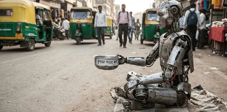  بھارت میں سڑک پر روبوٹ بھی بھیک مانگنے لگا، تصاویر وائرل