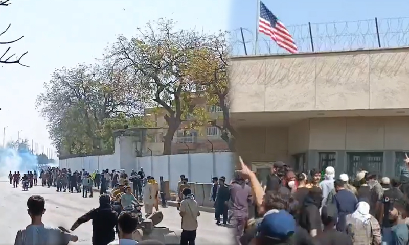 آیت اللہ خامنہ ای کی شہادت:کراچی کی عوام کا  غصے میں امریکی قونصلیٹ پر حملہ